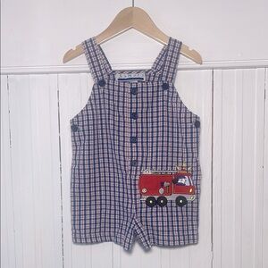 VINTAGE SAMARA VGUC Plaid Striped Firetruck Dog Appliqué Romper Shortall